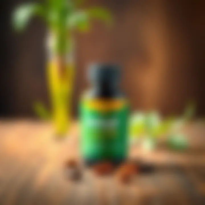 A bottle of Shilajit capsules on a wooden table with a blurred background of green plants, symbolizing vitality and energy.