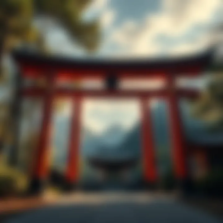 A serene Shinto shrine featuring a traditional torii gate surrounded by nature, symbolizing the entrance to sacred space.