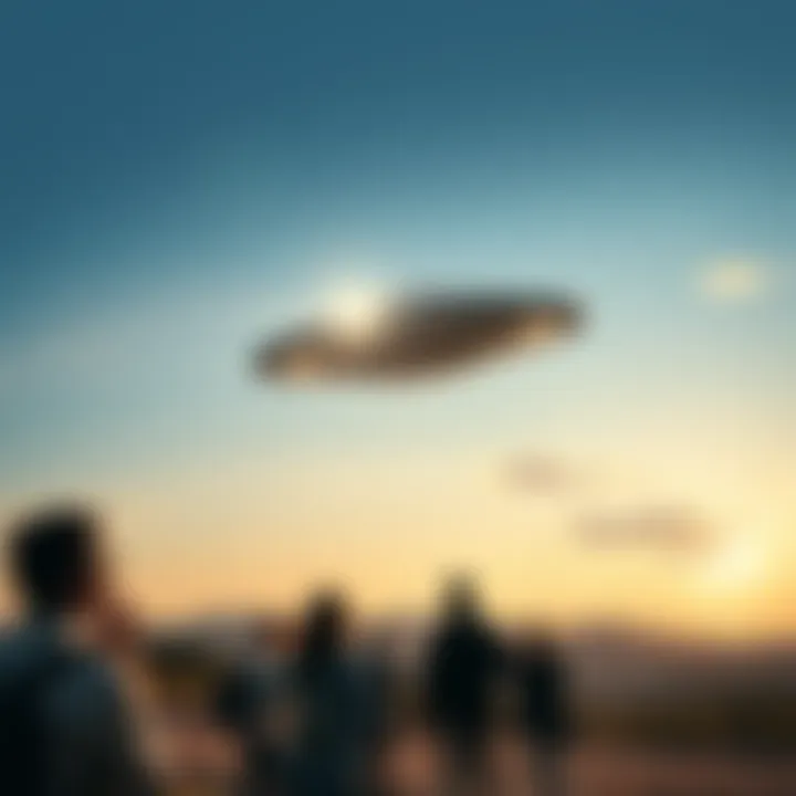 A large, shiny object hovering in the sky over Montijo, Portugal, with people watching in amazement below.