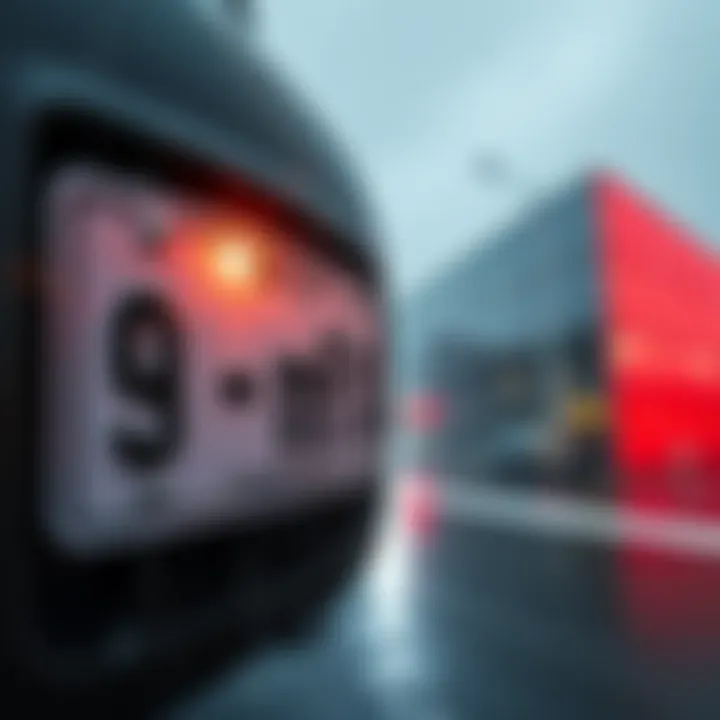 Shiny License Plate in the Rain A close-up of a shiny license plate with the number 9-nfx-19, glistening under rain, next to a large, infinite block that stretches into the background.