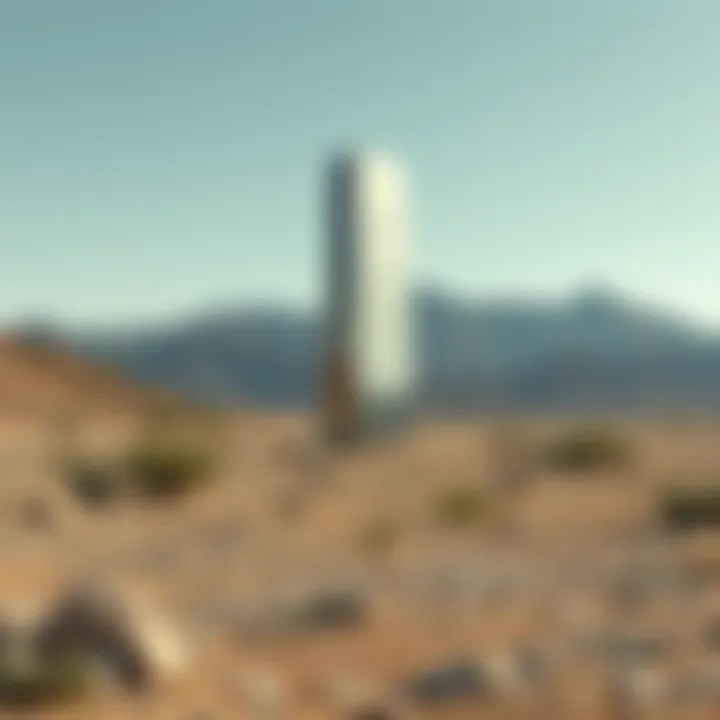 A shiny metal monolith standing alone in the Nevada desert with sparse vegetation and rocky terrain around it.