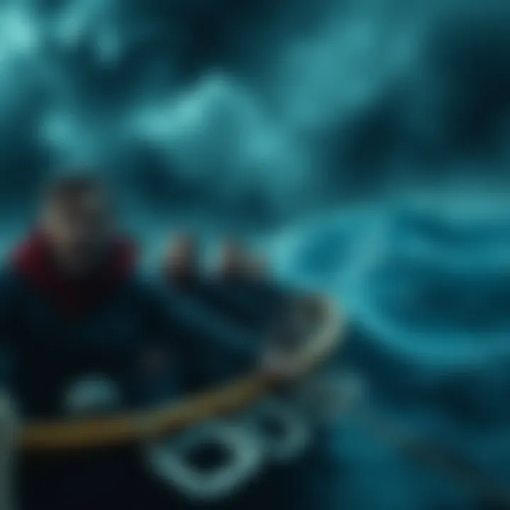 A group of shipwrecked men in a lifeboat, looking distressed and hungry, with a dark stormy sea in the background.