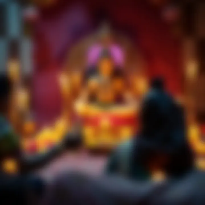 A person performing sadhna with offerings in front of a Shiva idol, surrounded by candles and flowers.