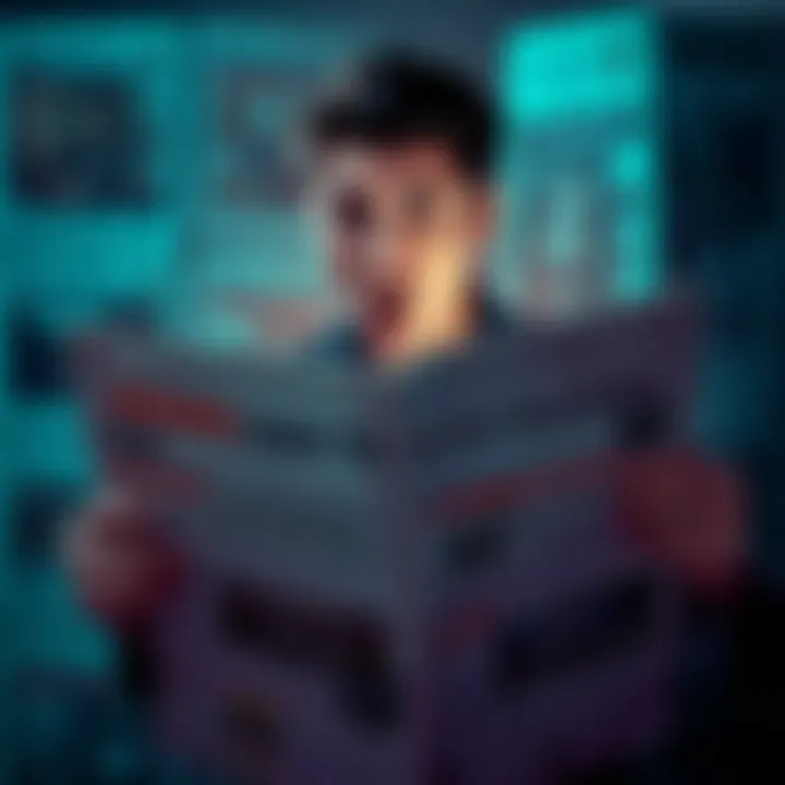A person looking surprised while reading a newspaper filled with shocking headlines