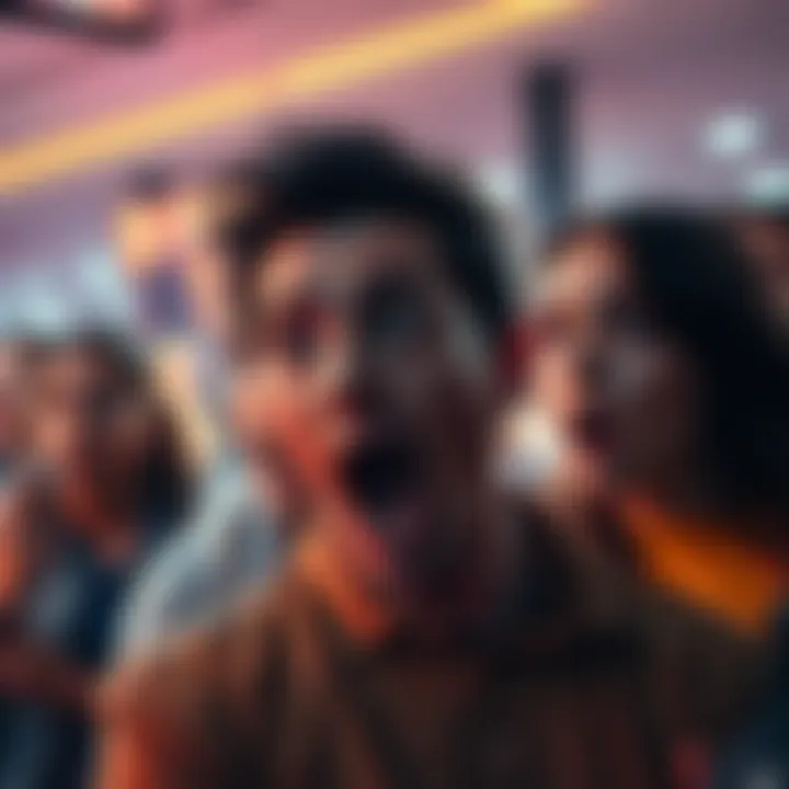 Shocking visual reaction Group of people looking shocked at disturbing images on a screen