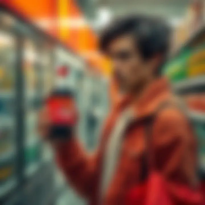 A person holding a Cherry Coke in a convenience store, looking confused while looking at the Sprite they intended to buy.
