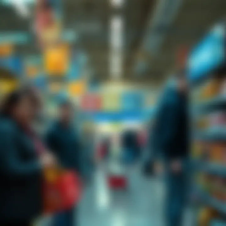 A group of shoppers looking concerned while shopping in a Wal-Mart, surrounded by shelves filled with products
