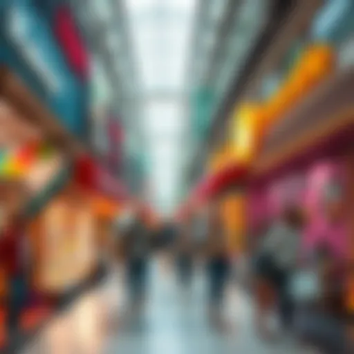 People browsing through diverse stores in a mall, including a nostalgic makeup shop and a colorful smoothie cafe, creating a lively atmosphere.