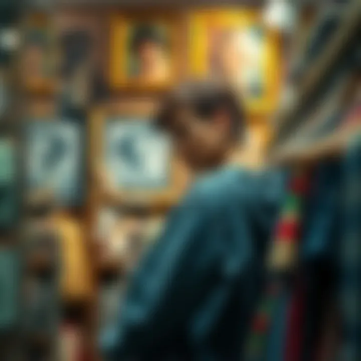 A person looking at vintage clothing while deep in thought, with a framed photo of their mother in the background, reflecting a connection between them.