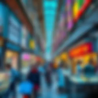 A busy mall scene with people shopping and enjoying food at various stalls, showcasing vibrant retail displays and delicious meals.