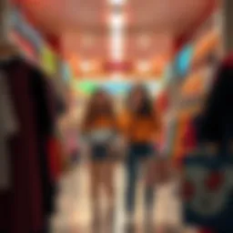 Two versions of the same person shopping together at a mall, surrounded by colorful clothes and a quirky cashier.