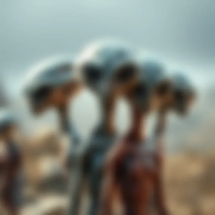 Three distinct types of short gray aliens: Sassani, Elfaff, and Asassani, depicted together with their unique traits
