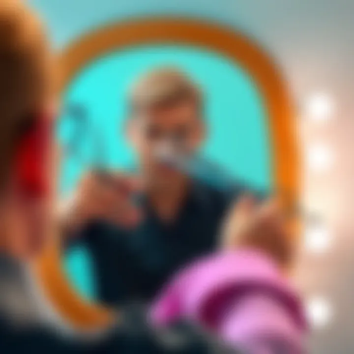 Person with short hair holding scissors and looking at a mirror, reflecting a neat hairstyle