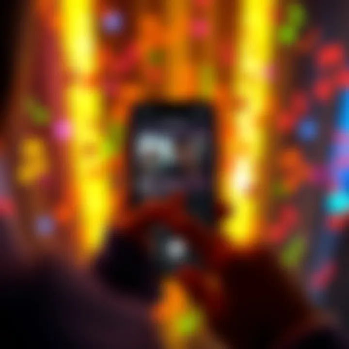 A person selecting songs on a phone for a short playlist, surrounded by music notes and vibrant colors.