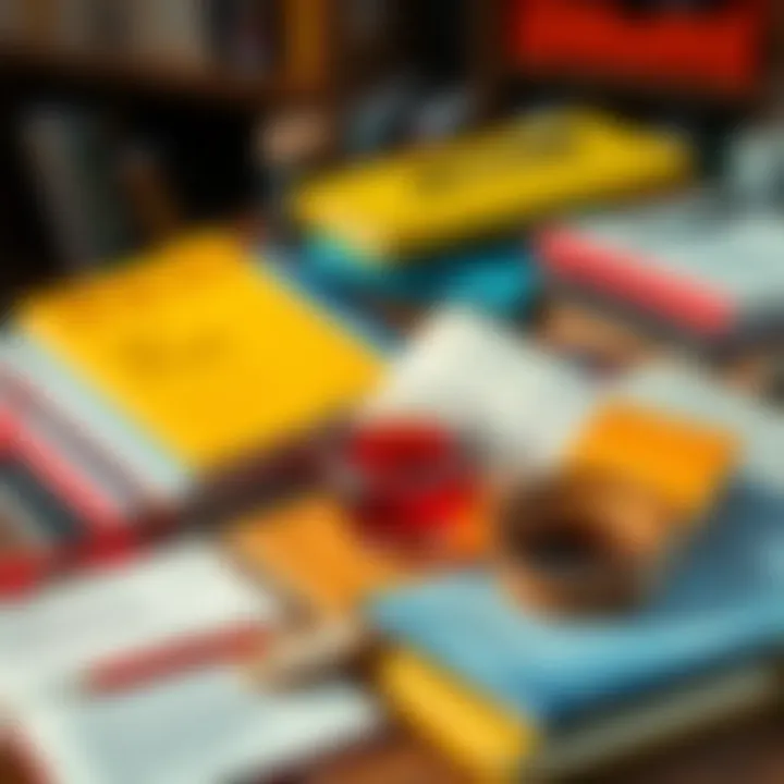 A colorful assortment of books and papers with a cup of tea, suggesting engaging short reads shared in comments.