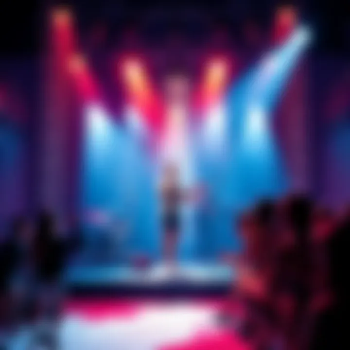 A singer performing on stage with a shower setting, surrounded by excited audience members