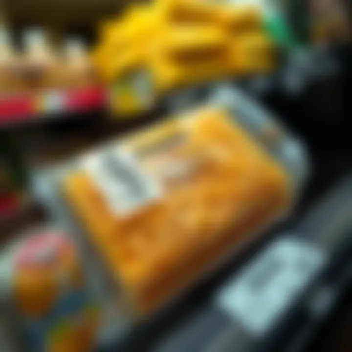 A close-up view of a package of shredded cheese on a grocery store shelf showing signs of spoilage with an unusual odor