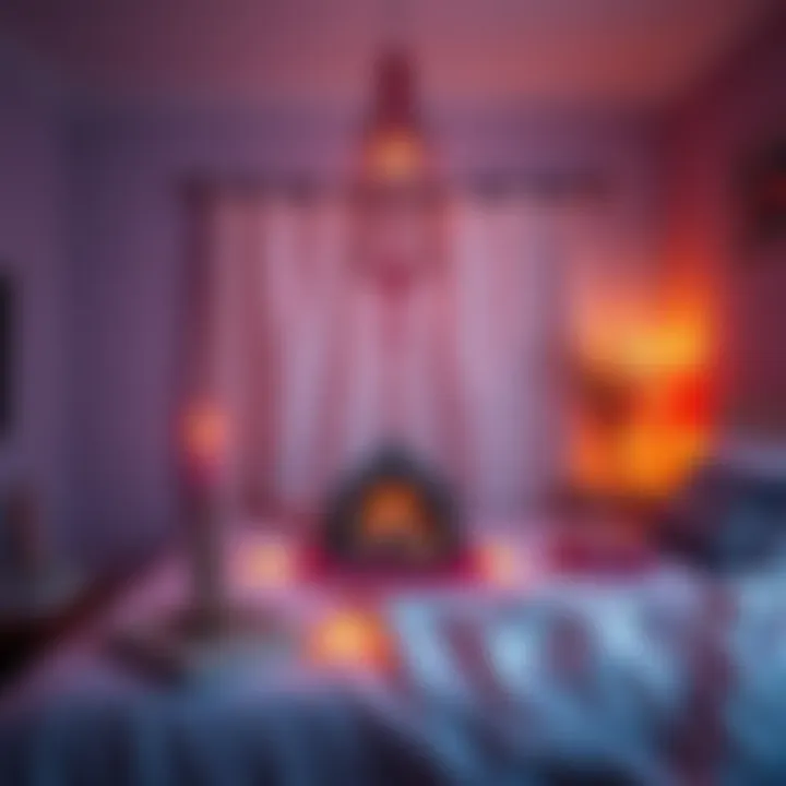 A small shrine set up in a cozy bedroom, featuring candles, incense, and spiritual symbols, creating a serene atmosphere.