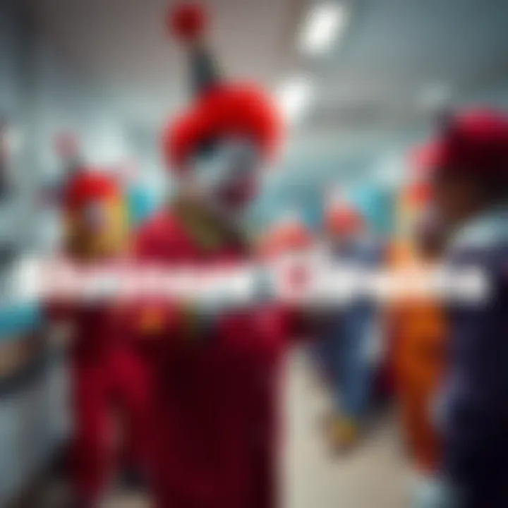 A group of cheerful Shriners Clowns performing in a hospital, engaging with children and spreading joy.