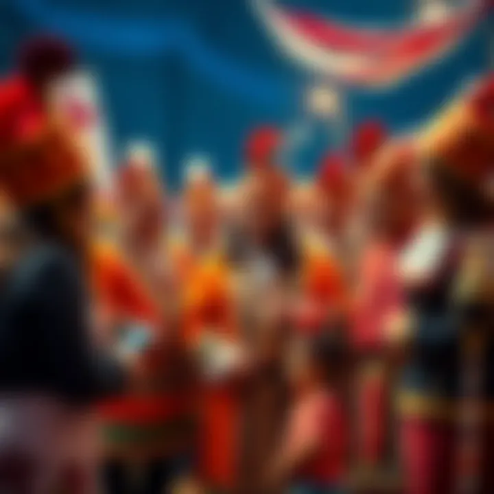 A group of Shriners in colorful attire participating in a local charity event, engaging with families and children.