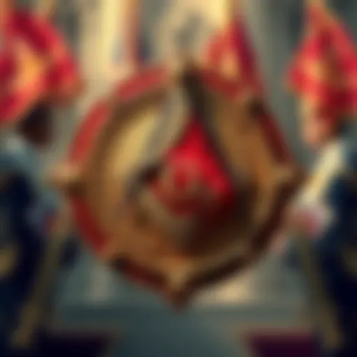 A Shriner's emblem featuring iconic symbols of Freemasonry, set against a backdrop representing charity and community service.