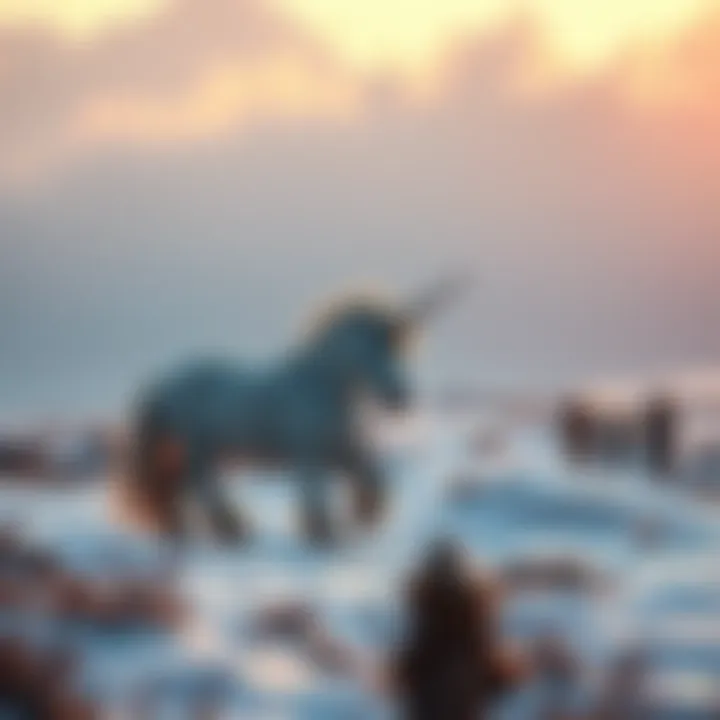 A Siberian unicorn, a large, horned creature resembling a massive rhinoceros, stands in a snowy landscape with early humans observing from a distance.