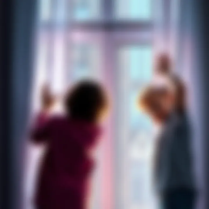 Two siblings looking surprised as they find a missing curtain rod cap on the windowsill while installing curtains.