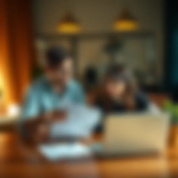 Two siblings sitting at a table, discussing plans for a real estate business partnership with documents and a laptop in front of them.
