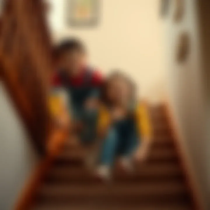 Two siblings joyfully floating down the staircase in their grandparents' house, smiling and carefree, evoking a sense of nostalgia.