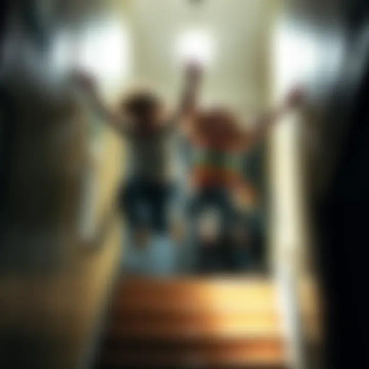 Two siblings joyfully jumping down a dark staircase in an old house, feeling a sense of support and excitement.