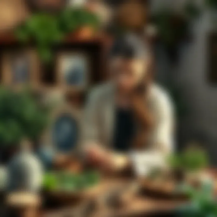A woman practices witchcraft in a serene setting, surrounded by herbs and family photos, representing her connection to Sicilian ancestry.