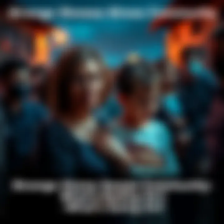 People in a community showing symptoms of illness, including a woman holding her stomach and a child with a fever