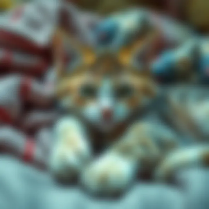 An 11-year-old cat named Pixie lying on a soft blanket, looking fragile and tired, with a worried expression