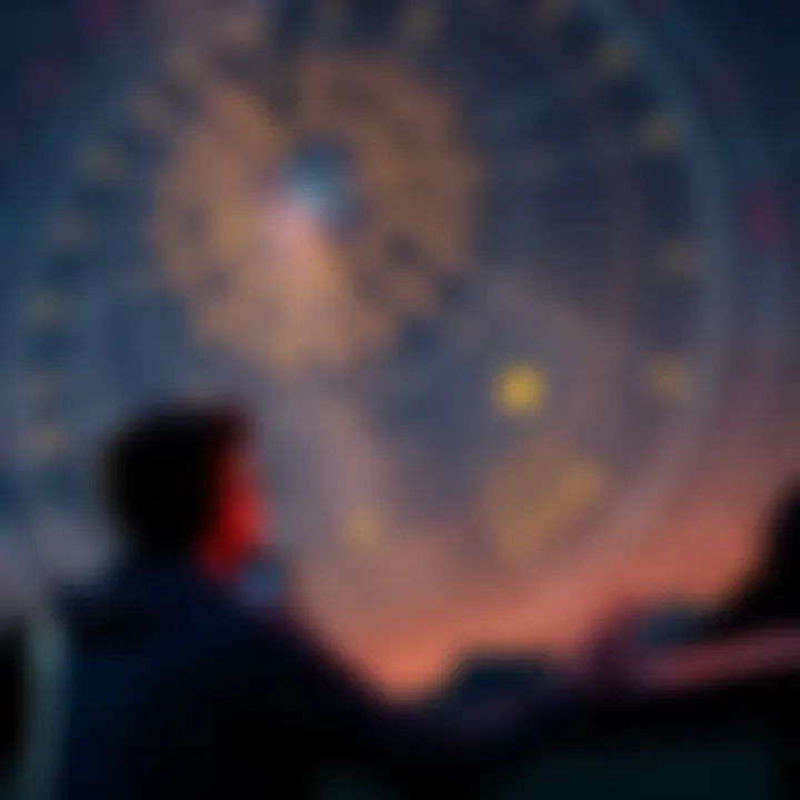 A person studying a sidereal chart with a starry sky background and astrological symbols around them.