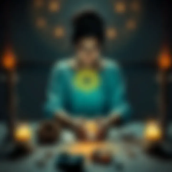 A woman sitting at a table, activating a sigil using crystals and herbs in a peaceful setting