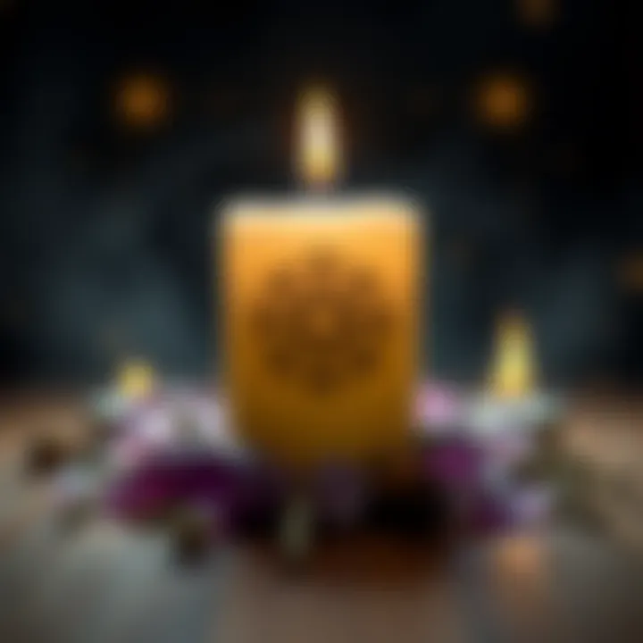 Sigil on a candle A simple sigil drawn on a candle surrounded by herbs and crystals, representing the blend of magic and psychology.