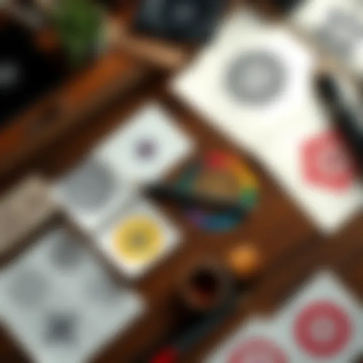 A flat lay image showing a variety of colorful sigils drawn on paper, arranged neatly on a wooden table, with some art supplies nearby.