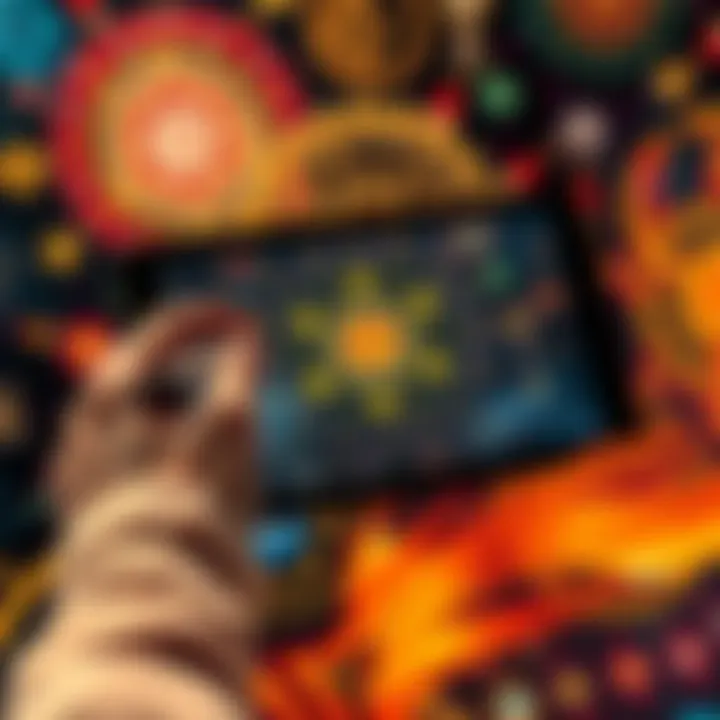 An artist creating a sigil on a digital tablet, surrounded by colorful designs and mystical symbols, focusing on the act of drawing energy into the sigil.