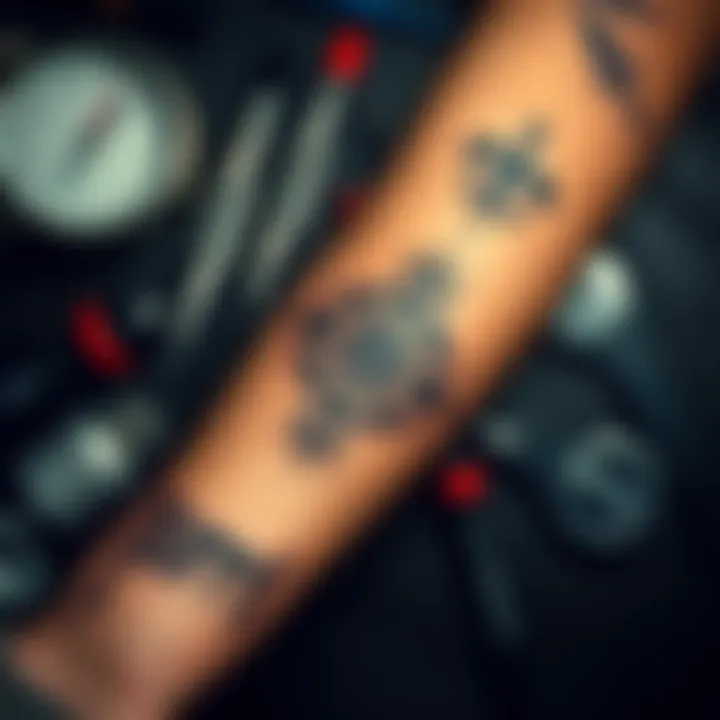 A detailed view of a sigil tattoo representing Purson and Paimon on a person's forearm, surrounded by tattoo equipment