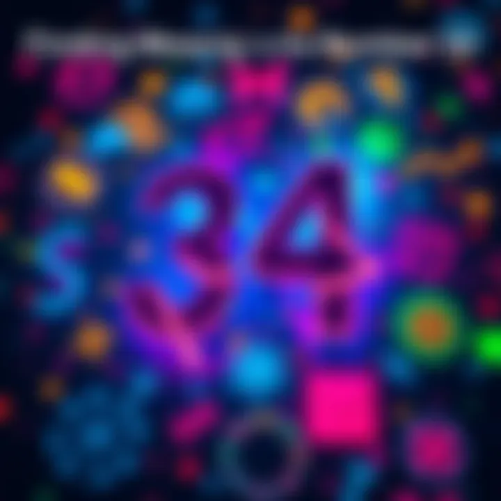 A close-up view of the number 34 in bright colors surrounded by various symbols representing different meanings, conveying the idea of exploration and interpretation.
