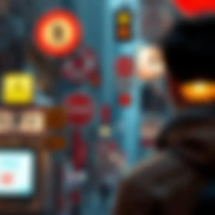 A person looking at various signs and symbols in a city setting, such as road signs, shop signs, and warning signs, indicating decision-making cues.