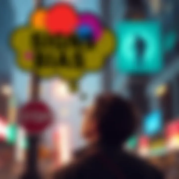 A person looking at street signs while thinking, with a thought bubble showing abstract shapes representing bias