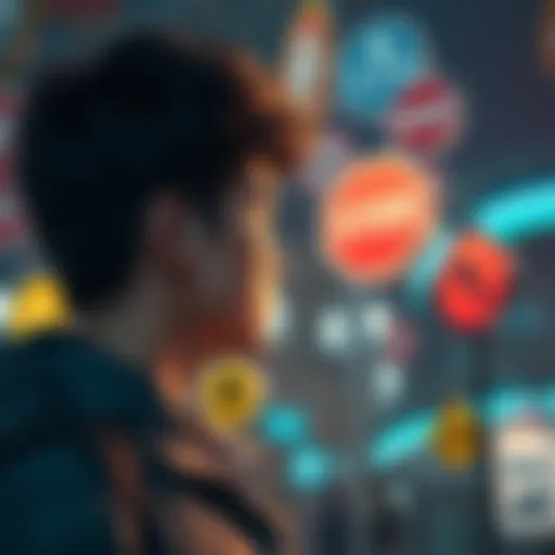 A person looking at various signs and symbols, pondering their meaning in daily life.