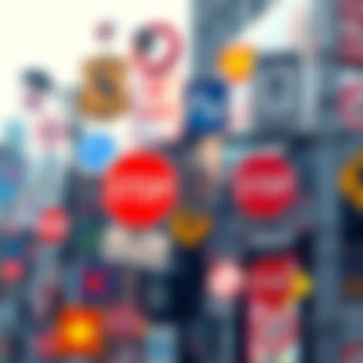 Signs and Symbols in Daily Life A collage of various signs and symbols that influence daily decisions, including street signs, icons, and symbols from different cultures.