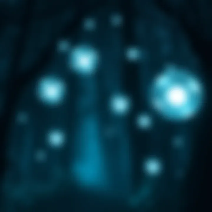 A serene scene with floating orbs of light in a dark forest, symbolizing messages from spirits.