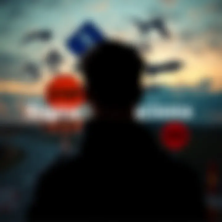 A person looking at various signs that symbolize life choices, such as arrows pointing in different directions, a road sign, and symbols of success and aspirations.