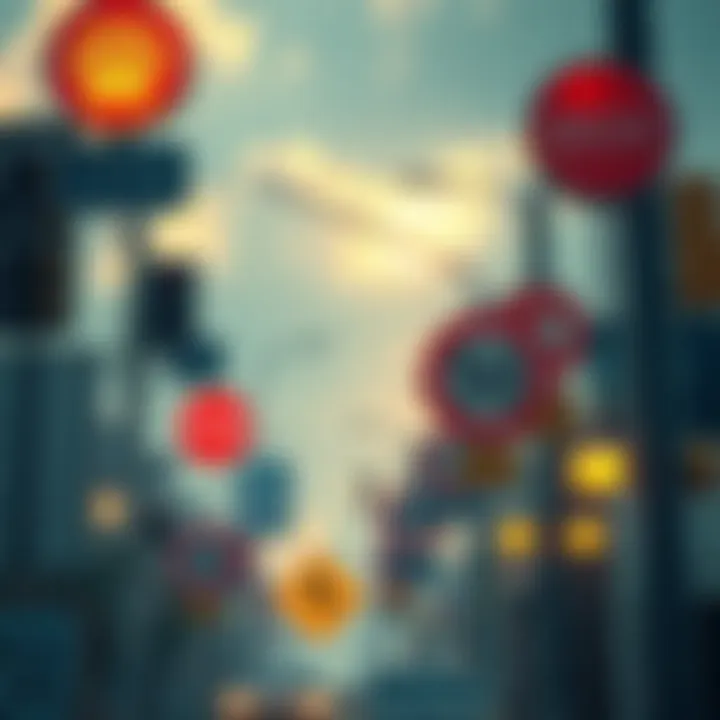 A collection of various road signs and symbols that influence people's daily decisions and paths