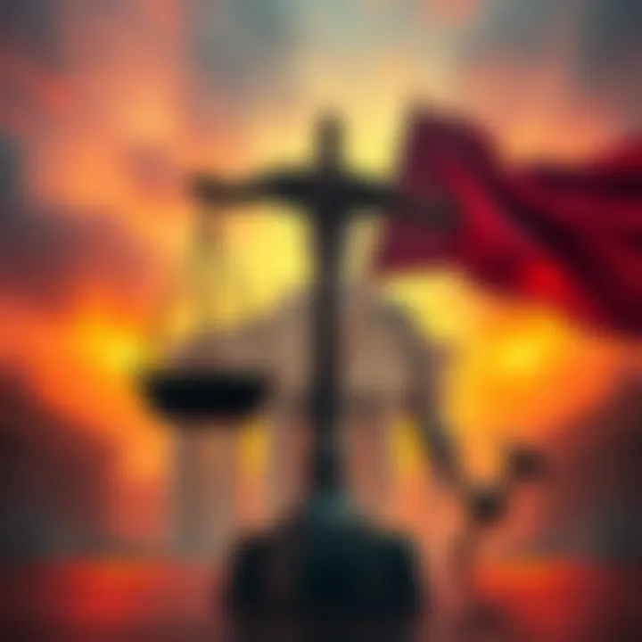 Visual representation of signs indicating authoritarianism, featuring a broken scale of justice and a shadowy figure representing state power