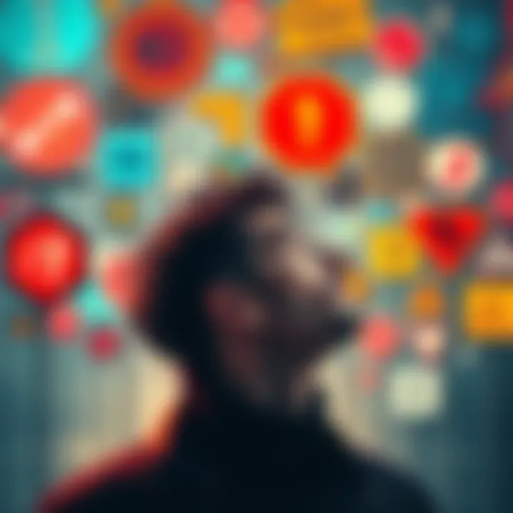 A person looking contemplatively at various symbols and signs around them, representing thoughts and reflections on life and experiences.