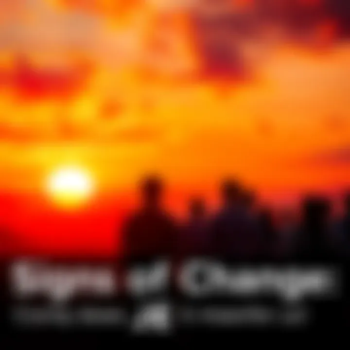 A group of people observing a vibrant sunset, symbolizing change and hope for the future
